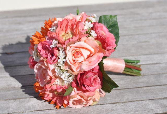 Wedding - Summer Wedding Bouquet, Keepsake Bouquet, Bridal Bouquet made with Coral Rose, Pink Rose, Orange Dahlia silk Silk Wedding Bouquet.