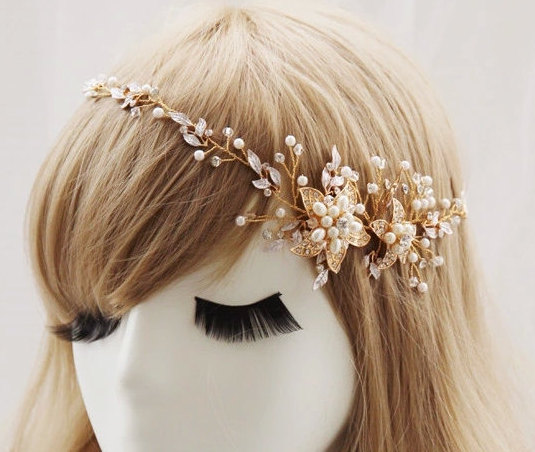 Свадьба - Crystal pearl flower headband, wedding hair hoop，bride hair accessories