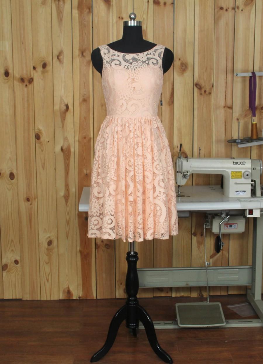 Mariage - 2016 peach Bridesmaid dress With Lace, Short Prom dress, Womens Formal dress, A line Evening dress, V back Party dress knee length