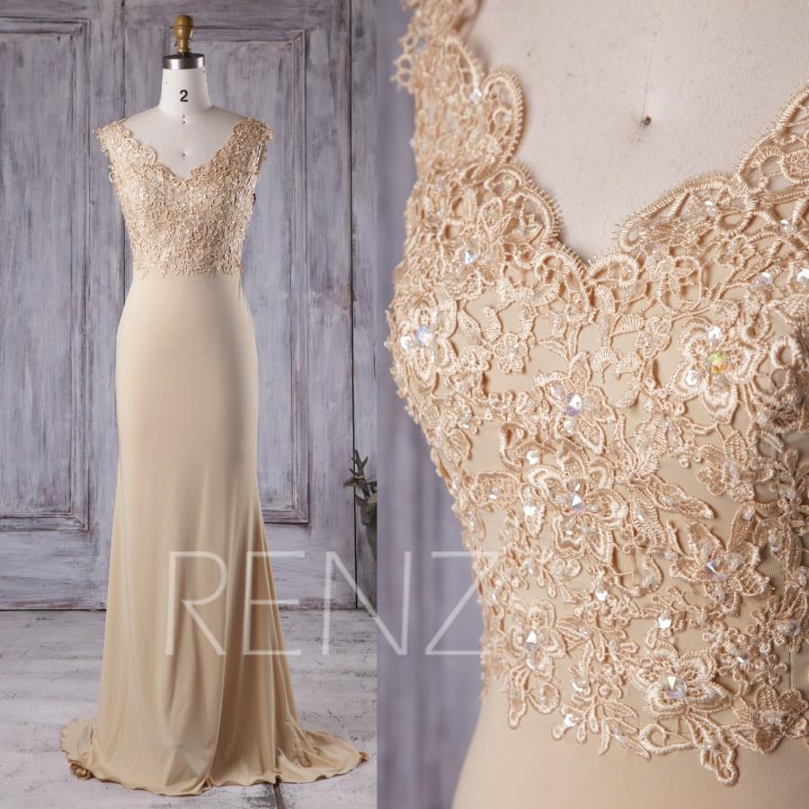 Mariage - 2016 Beige Chiffon Bridesmaid Dress Long, V Neck Lace Illusion Wedding Dress with Beading, Prom Dress, Evening Gown Floor Length (G167A)