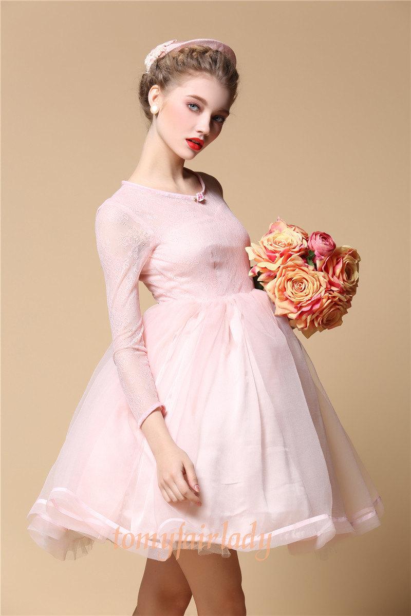 زفاف - Baby Pink Lace Organza Ballet Angle Bridesmaid Dress Pastel Pink Empire Wasit Babydoll Tulle Tutu Dress Sakura Fairy Wedding Mini Full Skirt