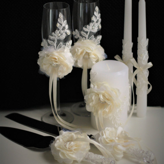 Wedding - Ivory Wedding Cake Serving Set   Lace Unity Candles and Champagne Glasses with Flower  Cake Cutting Set   Ceremony Candles   Wedding Flutes