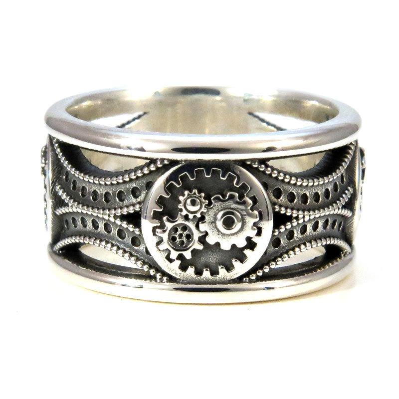 زفاف - Silver Gear Ring - Steampunk Art Deco Mens Ring