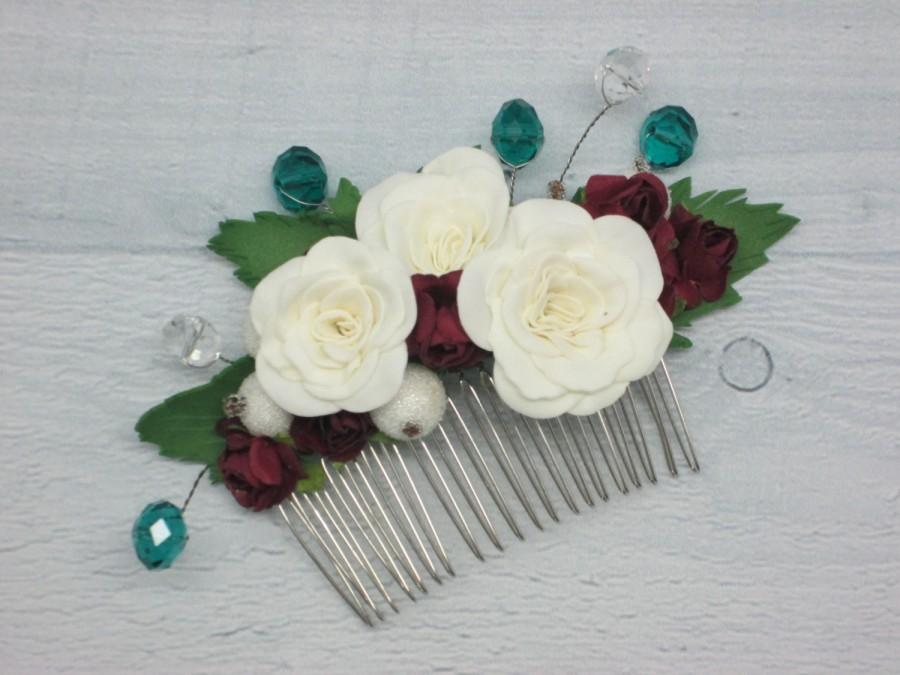 Hochzeit - Wedding hair jewelry Delicate flower Maroon hair Ivory wedding Burgundy jewelry Teen girl gift Ivory jewelry Ivory rose hair Hair bridal