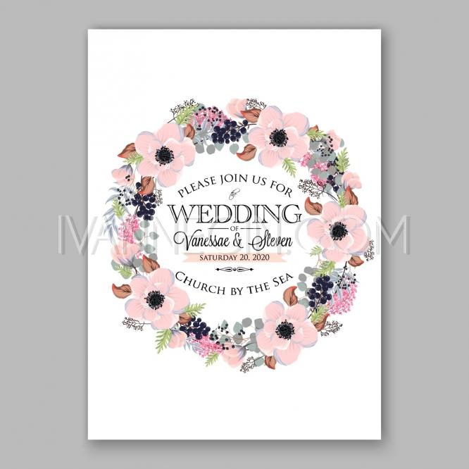 زفاف - Wedding Invitation Floral Bridal Wreath with pink flowers Anemone - Unique vector illustrations, christmas cards, wedding invitations, images and photos by Ivan Negin