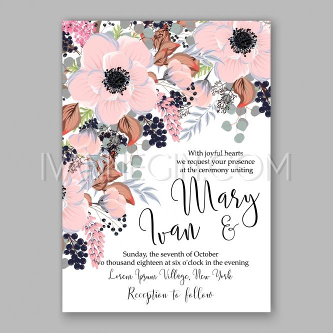 Wedding - Wedding Invitation Floral Bridal Wreath with pink flowers Anemone - Unique vector illustrations, christmas cards, wedding invitations, images and photos by Ivan Negin