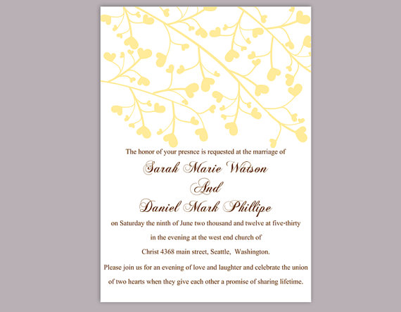Mariage - DIY Wedding Invitation Template Editable Word File Instant Download Printable Yellow Invitation Elegant Wedding Invitation Heart Invitation