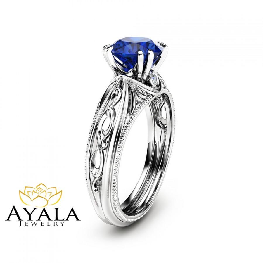 زفاف - Blue Sapphire Engagement Ring 14K White Gold Sapphire Ring Vintage Engagement Ring Milgrain Ring
