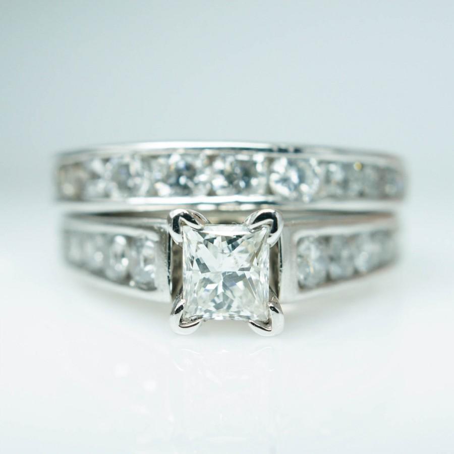 Hochzeit - HOLIDAY SALE - Vintage Platinum Diamond Engagement Ring & Wedding Band Complete Bridal Set Princess Cut Vintage Engagement Rings