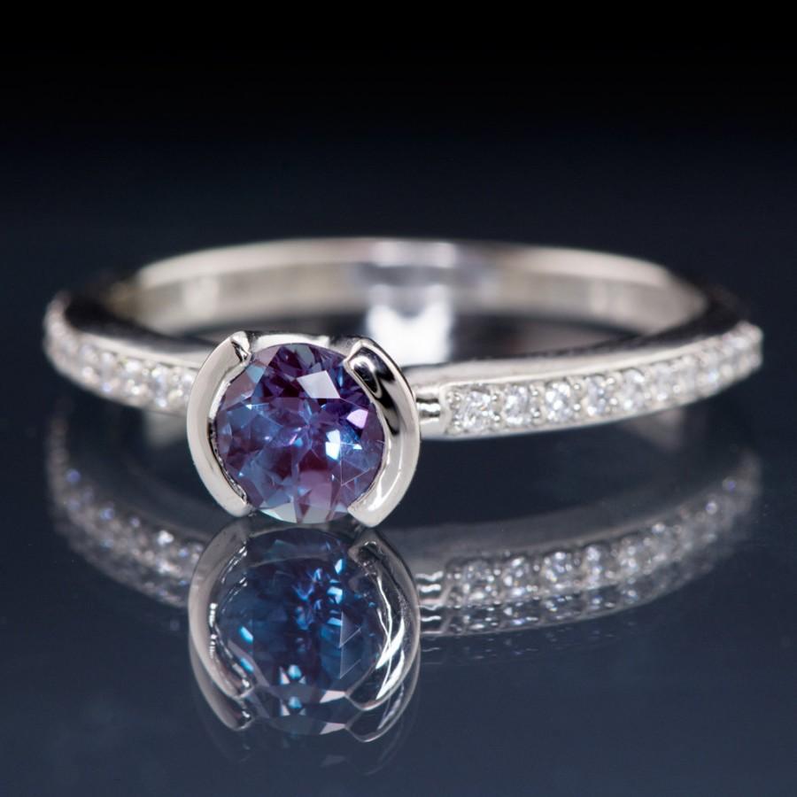 زفاف - Chatham Alexandrite Engagement Ring, narrow Diamond Micro-Pave Band in Palladium, White Gold, Yellow or Rose Gold, ethical engagement ring