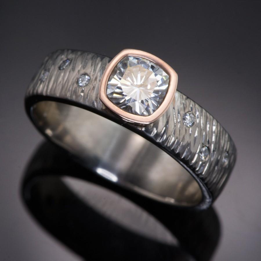 Wedding - Forever Brilliant Cushion Moissanite, Rose Gold Bezel Engagement Ring Diamond Accented Textured Palladium, Platinum, White or Rose Gold Band
