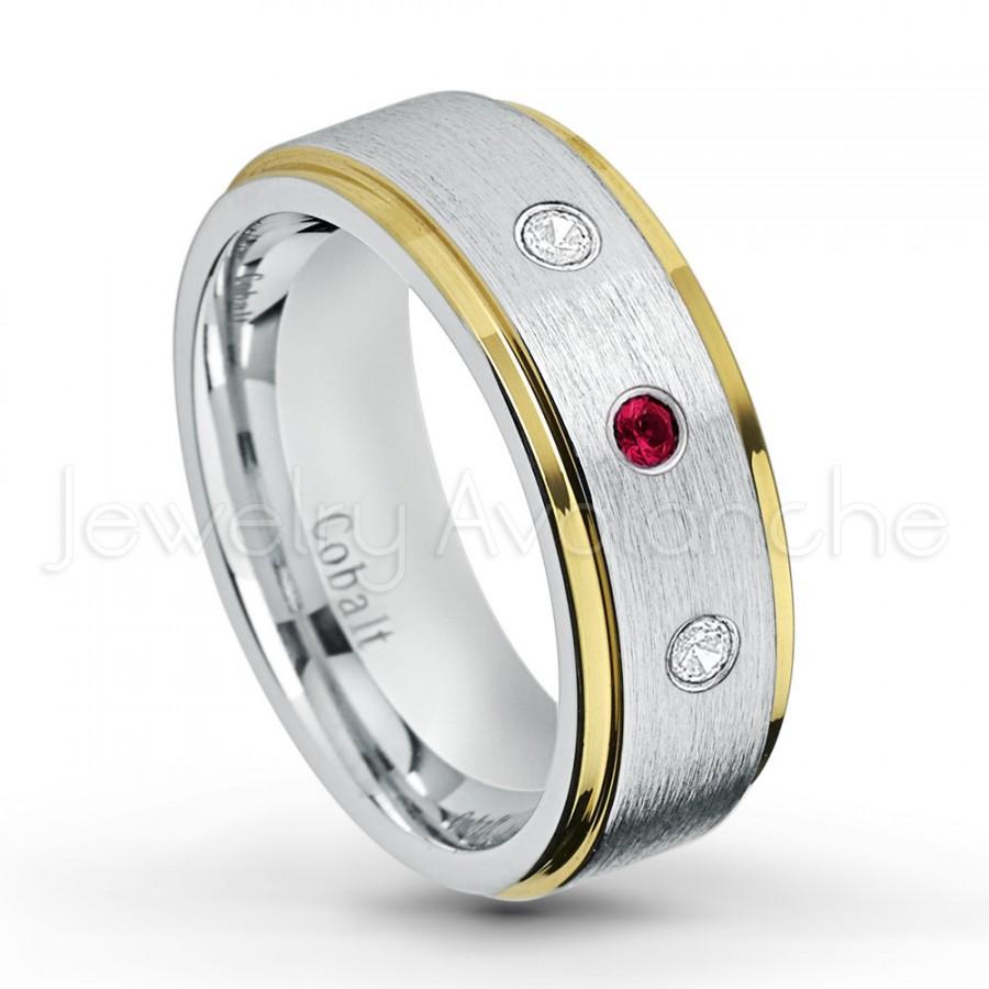 Hochzeit - July Birthstone Ring, 0.21ctw Ruby & Diamond 3-stone Anniversary Band,Yellow Gold Plated 2-Tone Comfort Fit Cobalt Chrome Wedding Band CT422