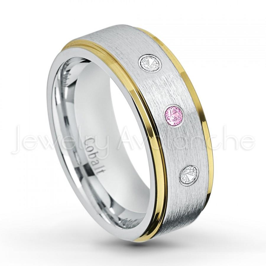 Hochzeit - October Birthstone Ring, 0.21ctw Pink Tourmaline & Diamond 3-stone Band, Yellow Gold Plated 2-Tone Comfort Fit Cobalt Wedding Band CT422