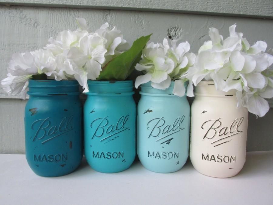 Teal  Rustic Mason Jar centerpieces set of Three
