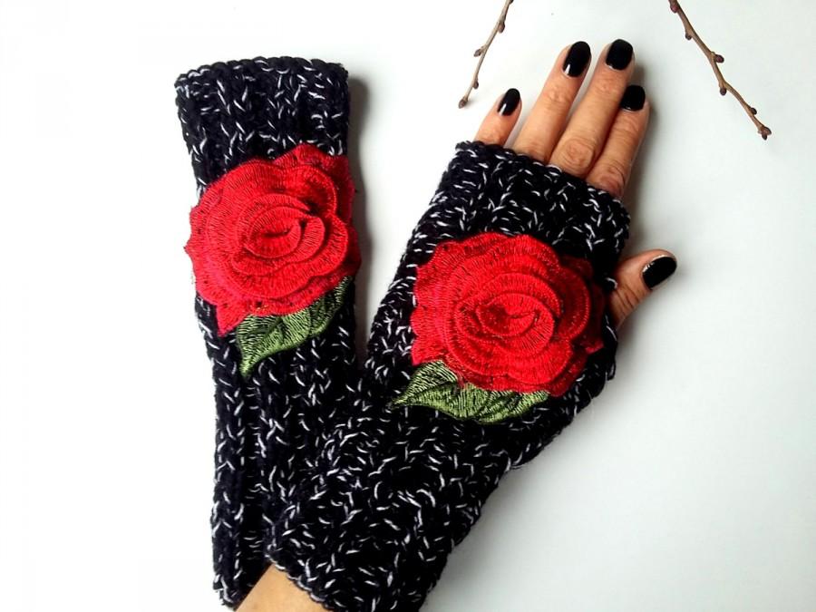 Wedding - Women's Mittens Gloves, Women's Knitted Gloves, Crochet Gloves Women, Hand Knitted Gloves, Black Knitted Gloves, Fingerless Gloves