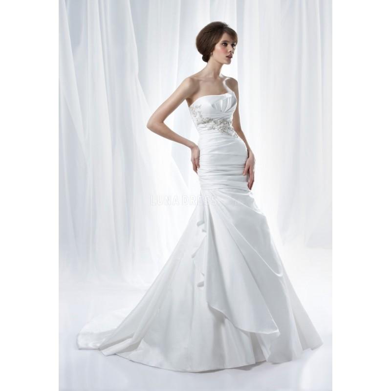 Wedding - Fit N Flare Strapless Cameo Satin Asymmetric Waist Chapel Train Elegant Wedding Gowns - Compelling Wedding Dresses