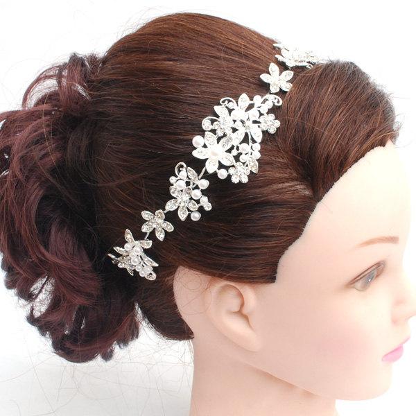 Hochzeit - Flexible Bendable Fit to Shape Hair Piece - Silver Plated Pearl Austrian Crystal Bridal Hair Comb Wedding Hair Clip Tiara Slide Vintage -FH1