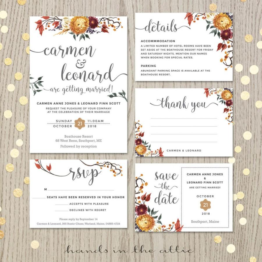 Wedding - Fall wedding invitation set, floral wedding, autumn flowers, personalized invitation, customized cards, wedding printables, DIGITAL files