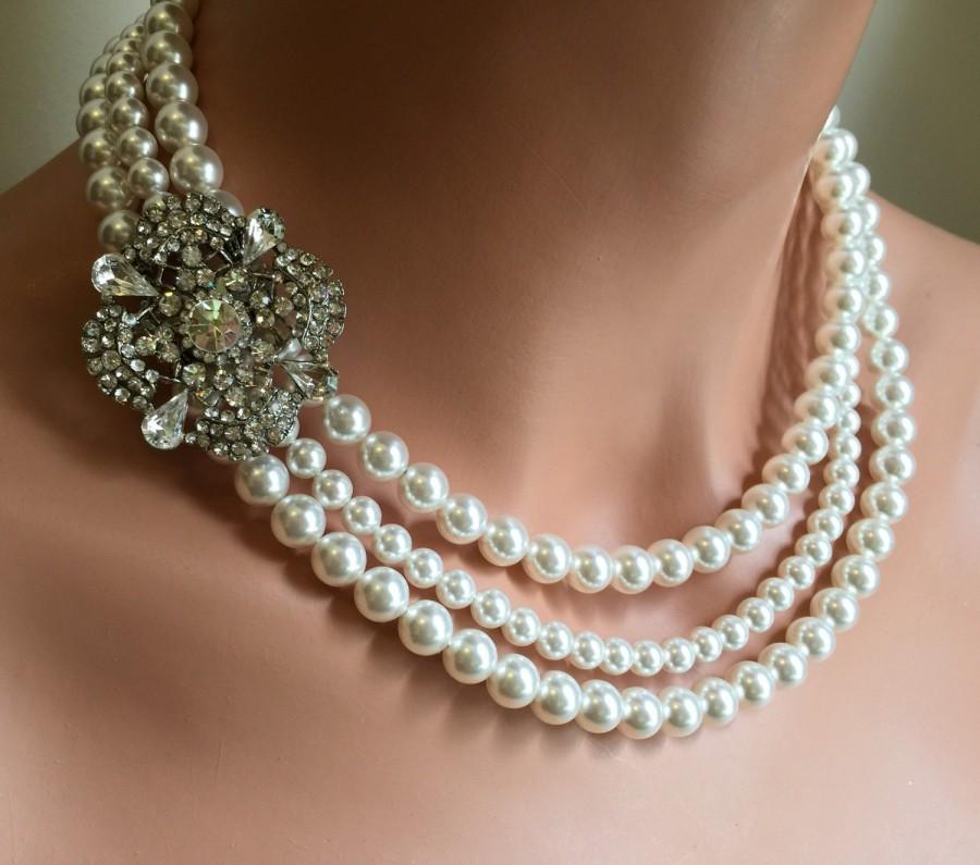 Bridal Pearl Brooch Necklace Set 3 Multi Strands Of Swarovski Pearls Bridesmaid Wedding Jewelry 