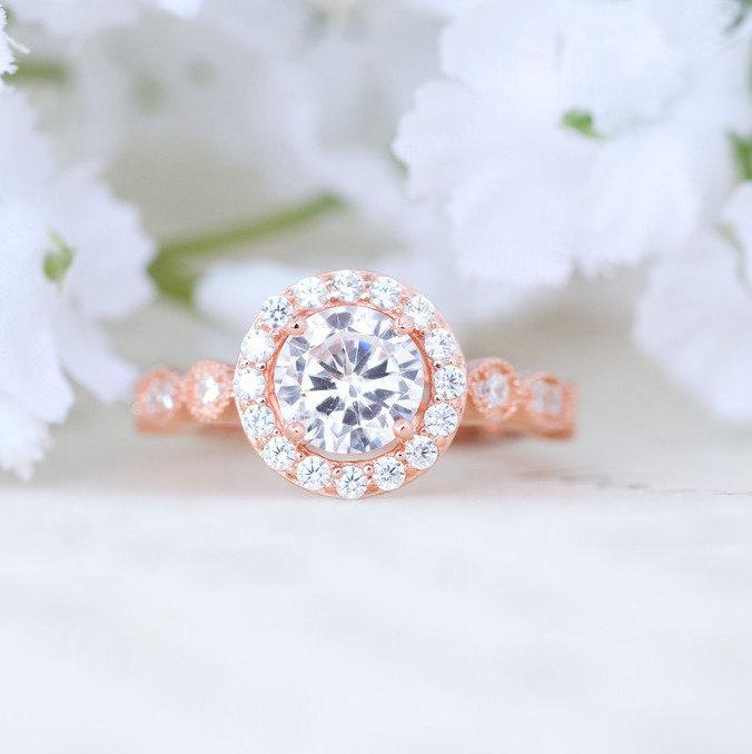 Hochzeit - Rose Gold Engagement Ring - Art Deco Wedding Ring - Round Halo Ring - Vintage Style Ring - Promise Ring - Sterling Silver - 1 Carat