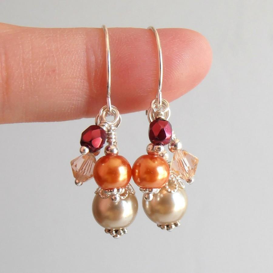 Wedding - Orange and Burgundy Bridesmaid Earrings, Beaded Pearl Cluster Dangles, Autumn Wedding Jewelry, Bridesmaid Jewelry, Silver Plated or Sterling