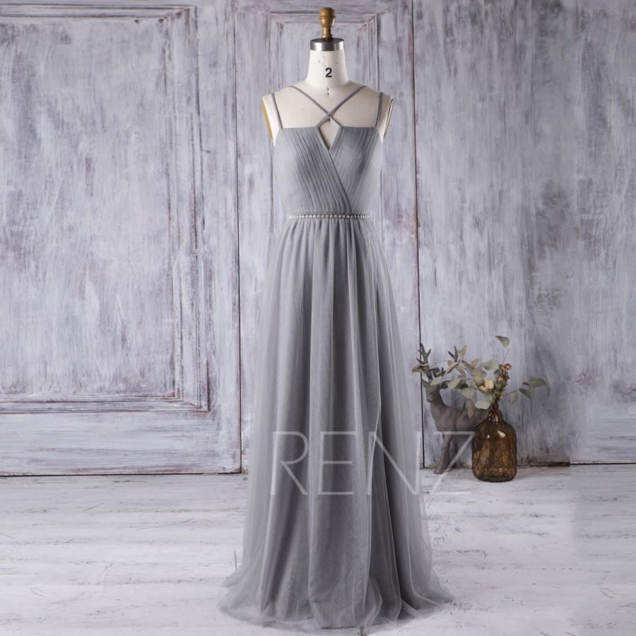Mariage - 2016 Light Gray Bridesmaid Dress with Beading, Spaghetti Straps V Neck Wedding Dress, A Line Prom Dress, Formal Dress Floor Length (LS149A)