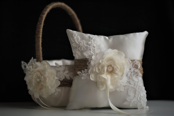 Wedding - Rustic Burlap Flower Girl Basket, Ring Bearer Pillow Set  Natural Rustic Wedding Basket & Ivory Rustic Ring Pillow with Lace and Flower