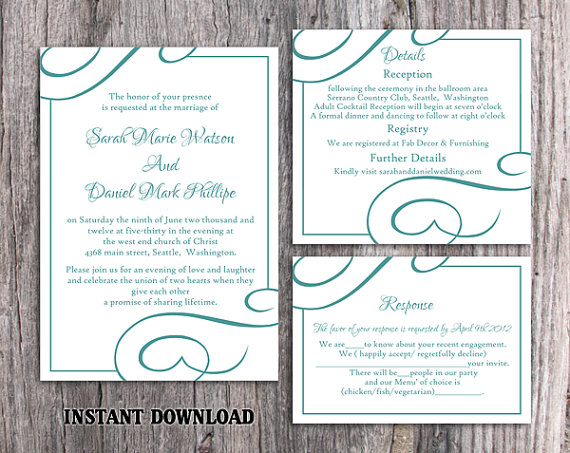 Hochzeit - DIY Wedding Invitation Template Set Editable Word File Instant Download Elegant Printable Invitation Blue Wedding Invitation Teal Wedding