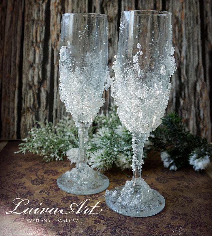 Mariage - Crystals Wedding Champagne Flutes Winter Wedding Champagne Glasses Toasting Glasses 