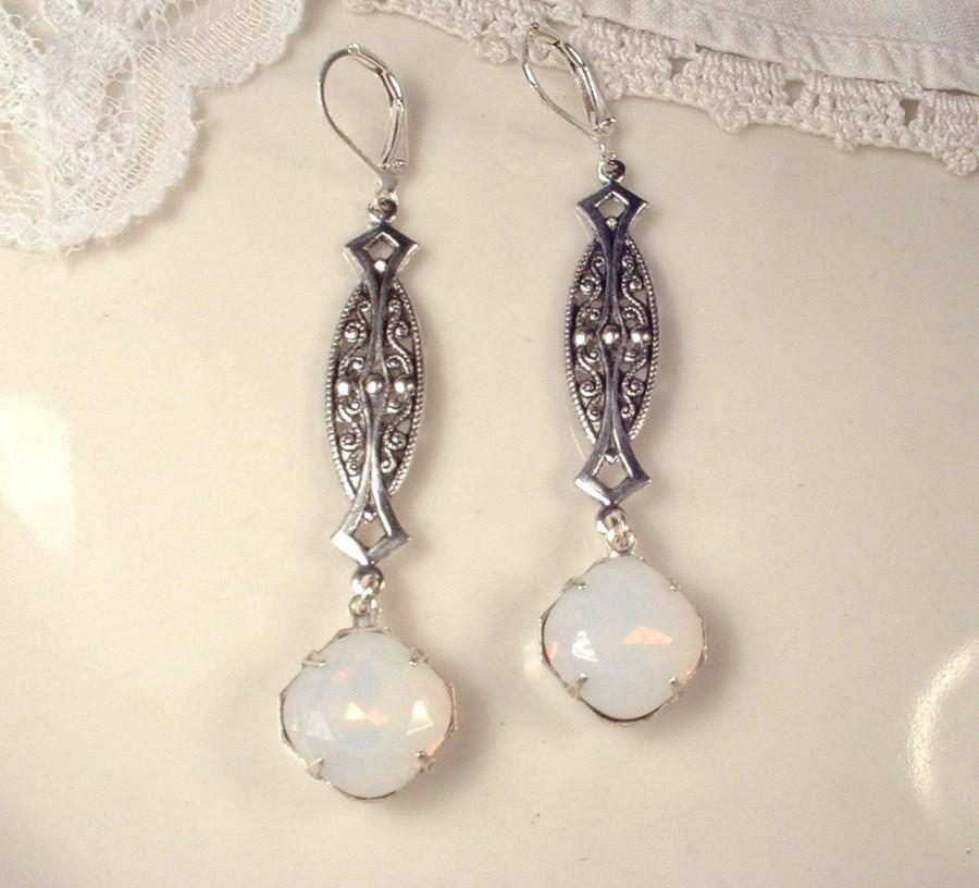 Hochzeit - Art Nouveau/Deco Opal Earrings 1920 White Opal Rhinestone Long Dangle Earrings Antique Silver Vintage Bridal Statement Drop Gatsby Flapper