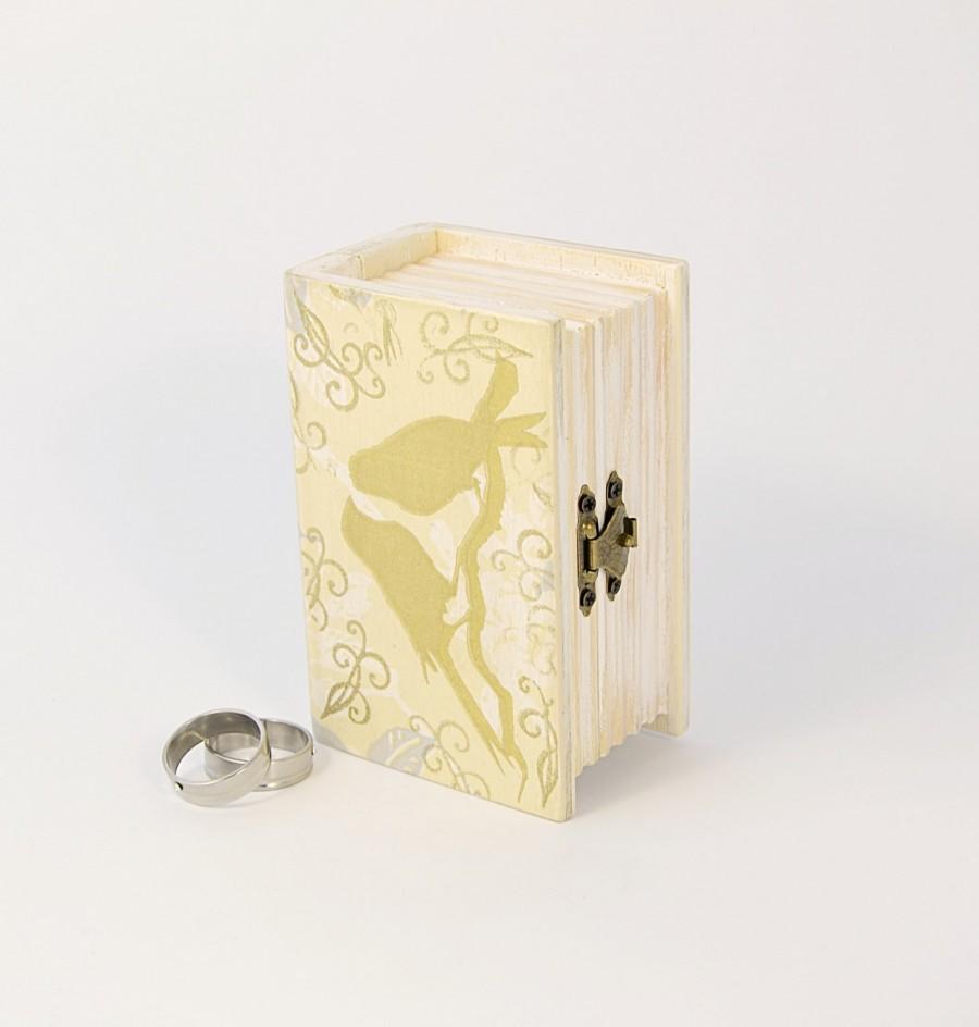 Свадьба - Ring Bearer Box, Wedding box, Treasury Jewelry Wooden Box , Ivory Gold Book , Rustic Ring Bearer Pillow, Golden Birds