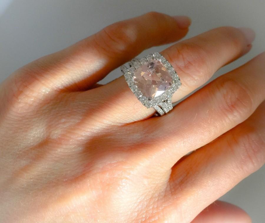 Wedding - Morganite & Diamond Halo Engagement Ring 10mm Cushion Cut Center Natural Diamonds Matching Diamond Wedding Band Pristine Custom Rings