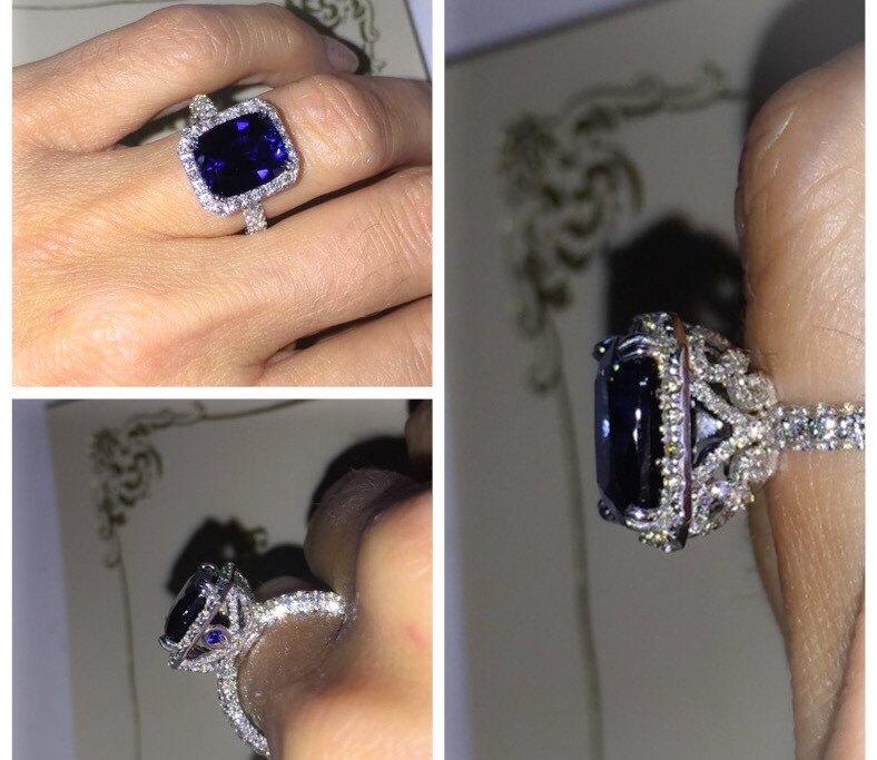 Свадьба - Diamond Halo Engagement Ring 18k White Gold 11x9mm Lab Sapphire Center 1.43ct Natural Diamonds Butterfly Design Ring