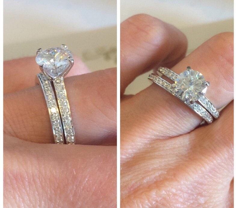 Hochzeit - Forever One Moissanite Engagement Ring Set 1.50ct & .45ctw Natural Diamonds Engagement Platinum Anniversary Ring Pristine Custom Rings