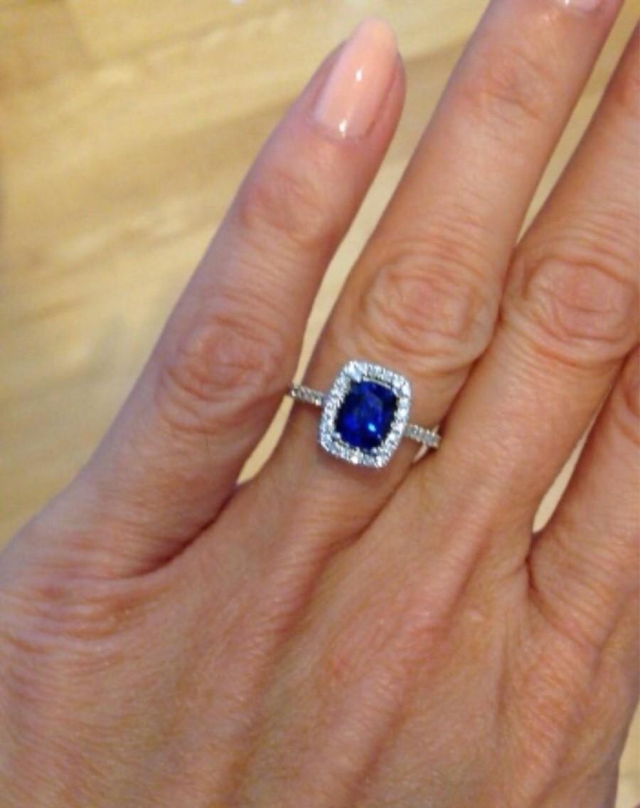 Wedding - SAPPHIRE & Diamond Halo Engagement Ring 14K White Gold Cushion Cut Engagement Ring , Wedding Ring  Anniversary, Fashion Ring