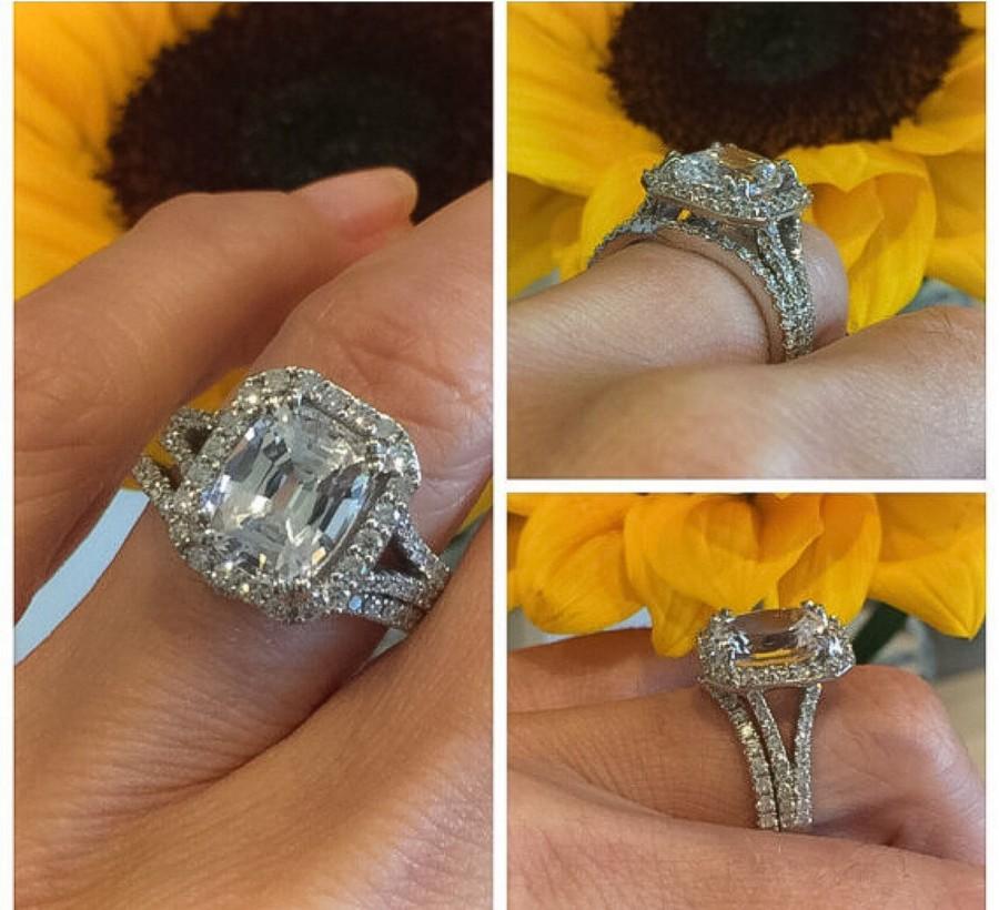 Wedding - White Sapphire Diamond Engagement Ring 10x8mm Cushion Cut White Sapphire Center .55ct Genuine Diamonds 18kt White Gold Wedding Band Set