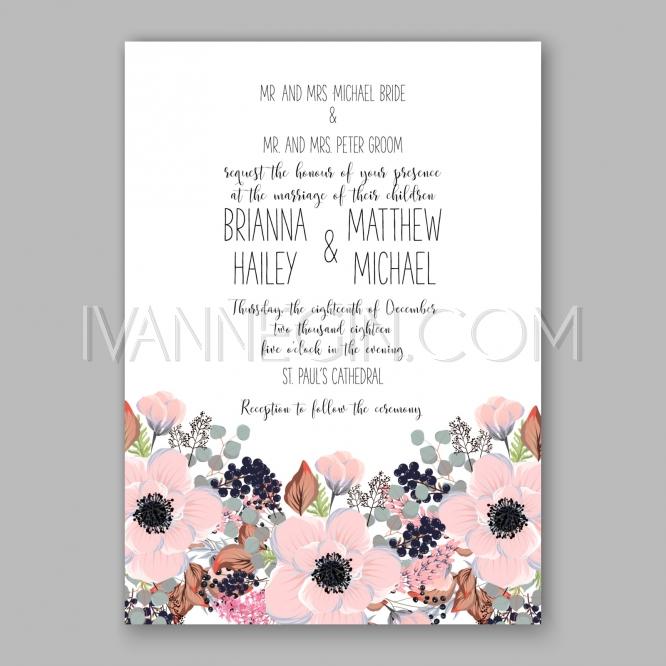 Mariage - Wedding Invitation Floral Bridal Wreath with pink flowers Anemone - Unique vector illustrations, christmas cards, wedding invitations, images and photos by Ivan Negin