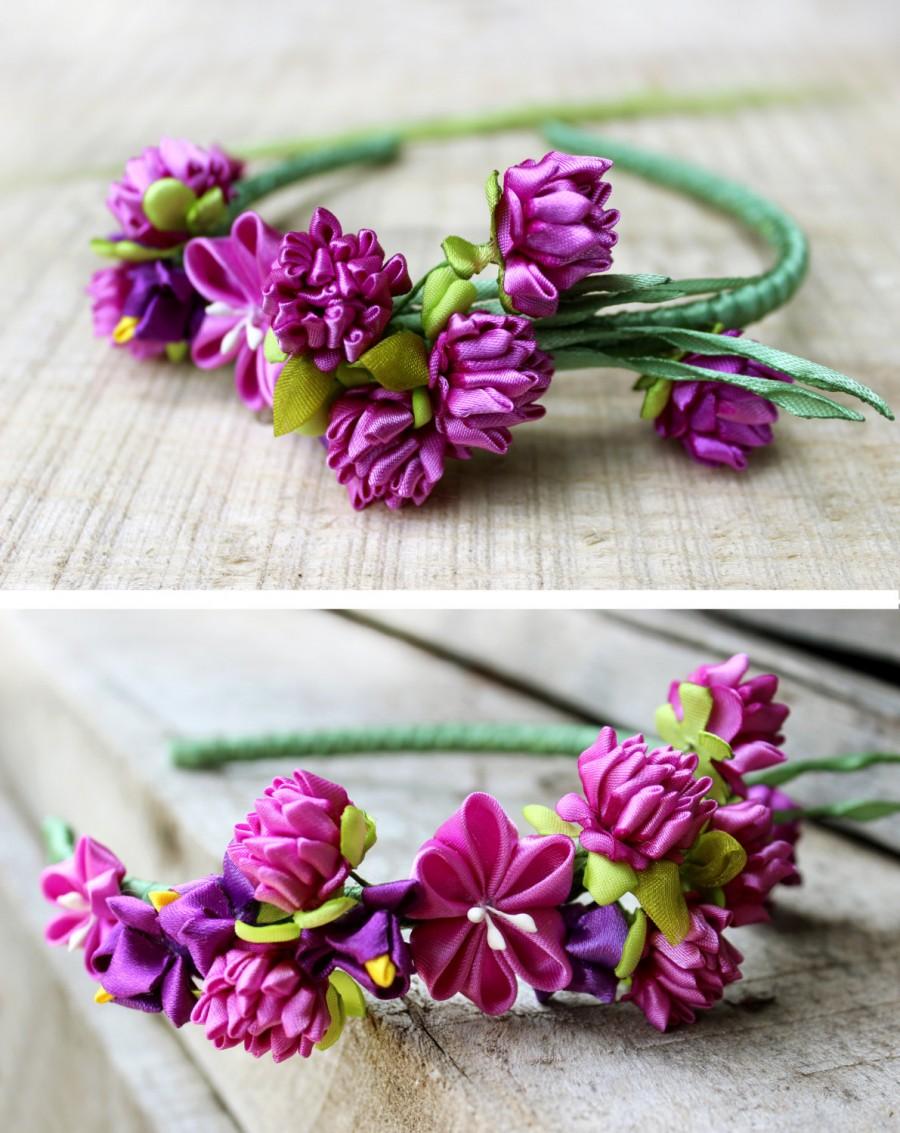 Свадьба - Fabric flower crown Fuchsia Kanzashi Rustic Hair accessory for woman Woodland crown for wedding day Gift Floral Pink bridal headpiece Summer