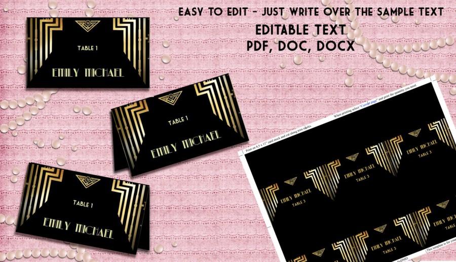 زفاف - Great Gatsby Style Art Deco Wedding Escort Card Template, Place Card Tent Style - Black and Gold - DOWNLOAD Instantly - EDITABLE TEXT
