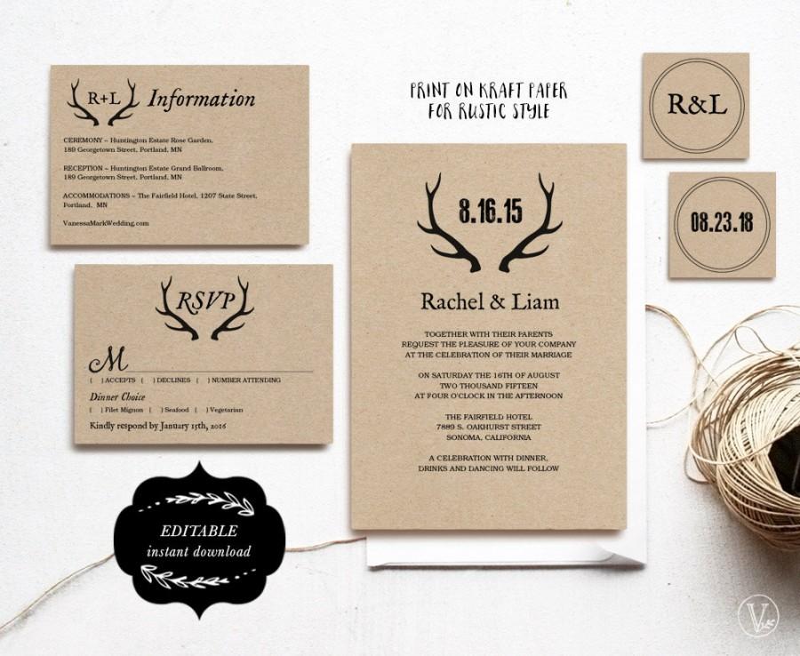 Wedding - Printable Wedding Invitations, DIY Wedding Invitation Template, Rustic Wedding Invitation Suite, Kraft Wedding Invitation, Rustic Antler