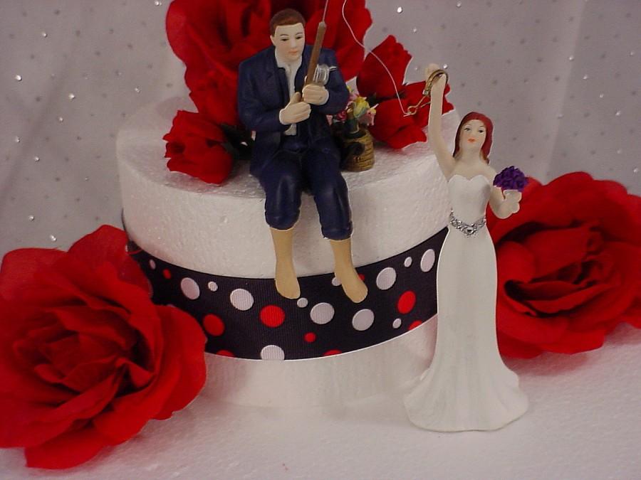 Wedding - Fisherman Hooked on Love Groom and Reaching Bride Romantic Wedding Cake topper- Personalized Fishing Elegant Bride and Groom Figurine-F2