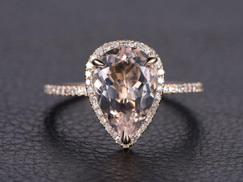 Hochzeit - 8x12mm Pear Cut Pink Morganite Ring 14K Yellow Gold Morganite Engagement Ring Pave Diamond Wedding Ring Tear Drop Ring Prong Set Ring