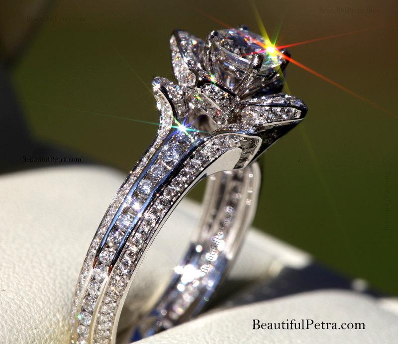 Hochzeit - UNIQUE Flower Rose Diamond Engagement or Right Hand Semi mount Ring - 1.50 carat - 14K white gold - wedding - brides - fL01