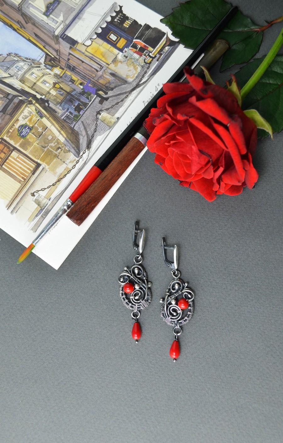 زفاف - Wire wrapped earrings, sterling silver earrings, red coral jewelry, coral earrings, bohemian earrings, 925 silver, wirewrapped jewelry, boho