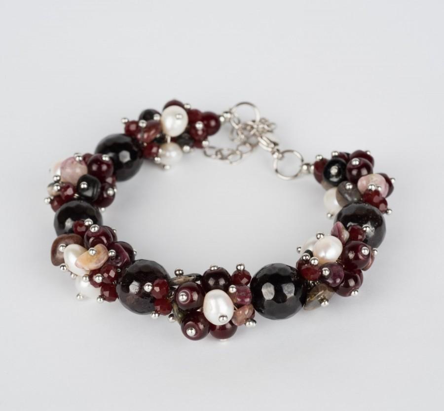 Hochzeit - Semiprecious Jewelry Bracelet Necklace for Women Garnet Set of 2 Gift for Her Black White Brown Handmade Natural Stone Present Valentine's