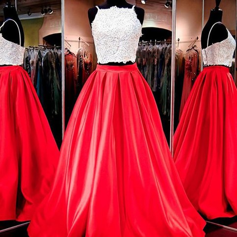 Hochzeit - Two Piece Red Homecoming Dress -Floor-Length Square Neck Open Back Appliques from Dressywomen