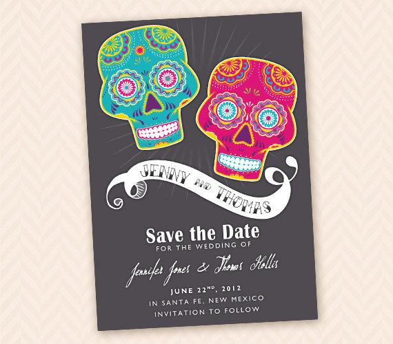 زفاف - Printable Save The Date - Mexican Sugar Skull, or Dias De Los Muertos Theme