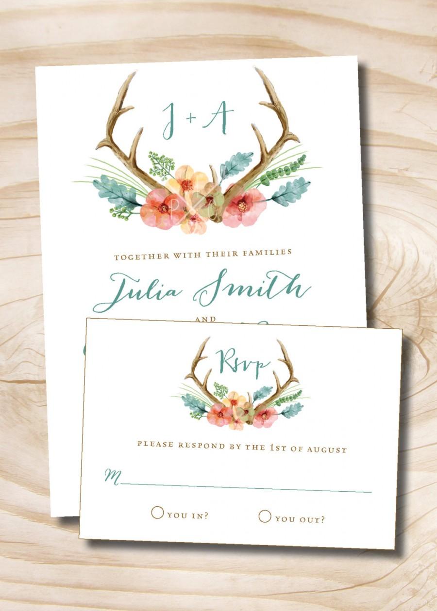 Wedding - Rustic Floral Antlers Wedding Invitation and Response Card - 100 Professionally Printed Invitations & Response Cards