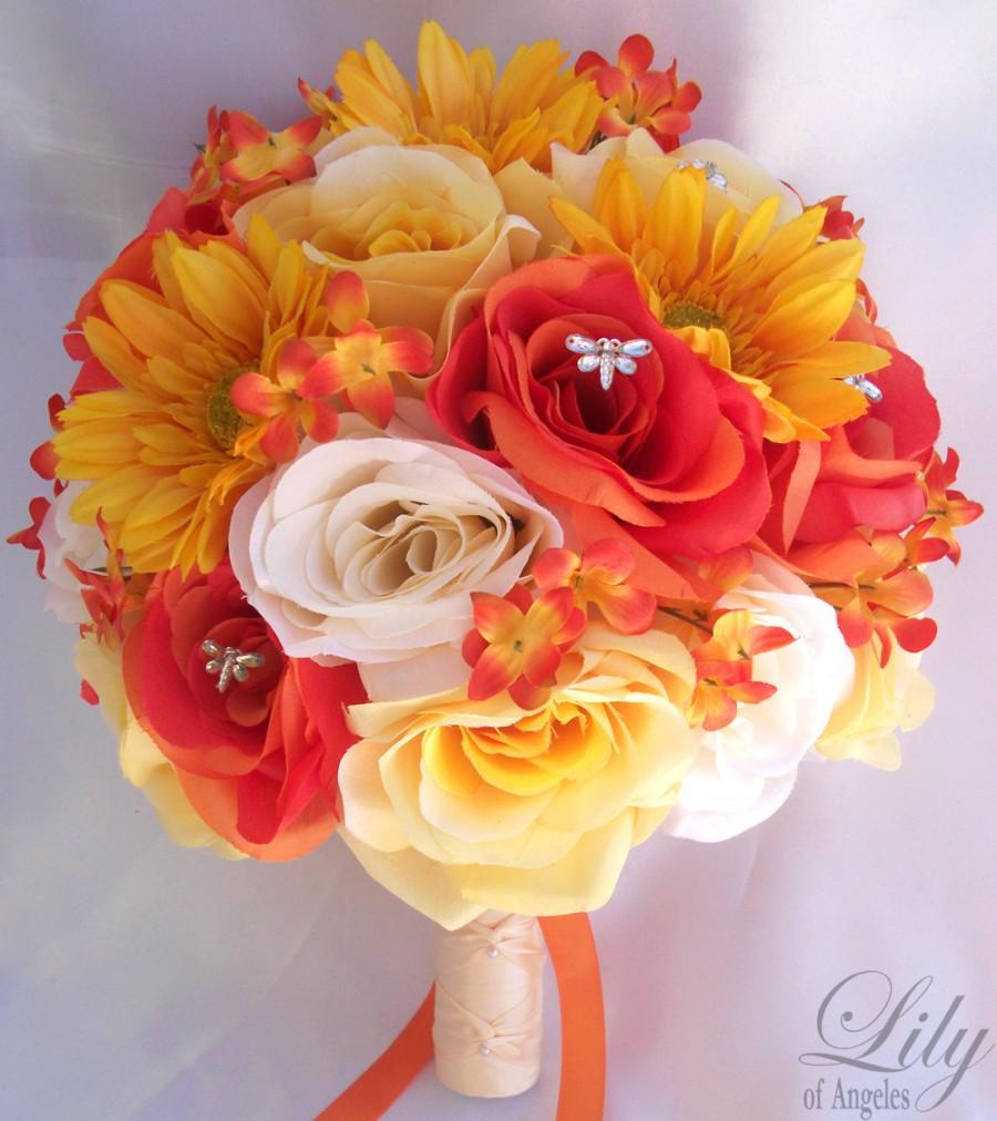 Hochzeit - 17 Piece Package Wedding Bridal Bouquet Set Decoration Bouquets Silk Flowers ORANGE YELLOW "Lily Of Angeles" ORYE02
