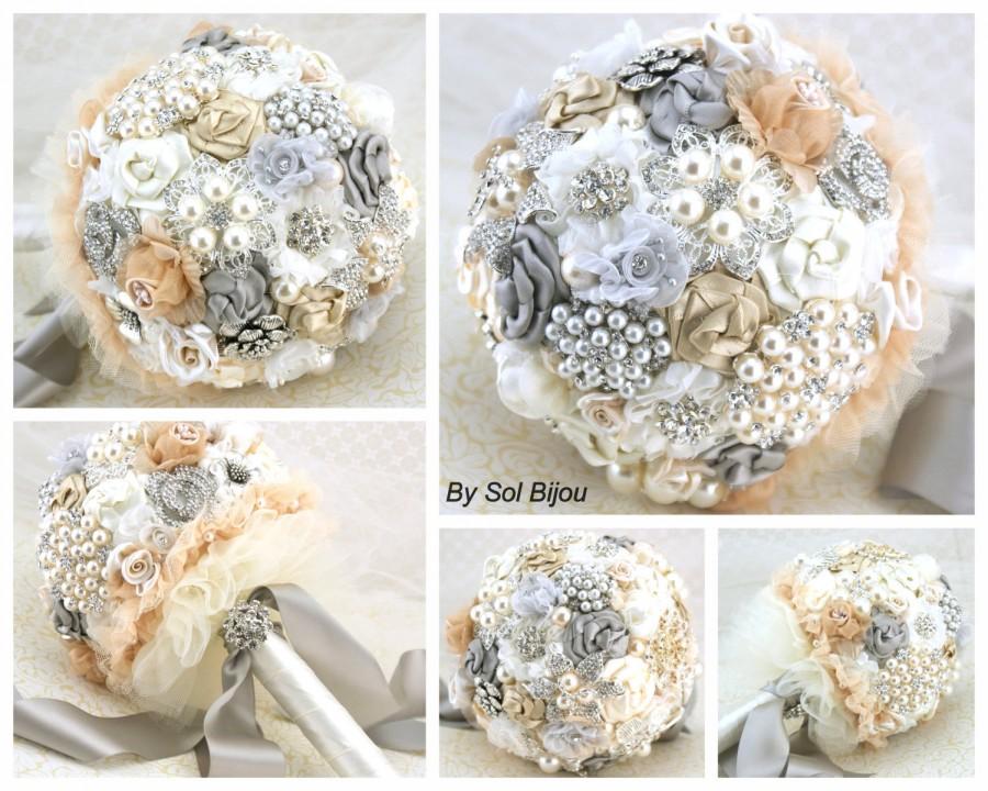 Свадьба - Brooch Bouquet, Vintage Style, Champagne,Tan, Ivory, Cream, Gray, Gatsby, Wedding Bouquet, Elegant Wedding, Jeweled, Crystals, Lace, Pearls